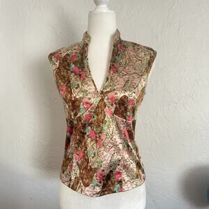 VTG Y2K Satin Floral Kimono Style Top Sleeveless Cherry Blossom Summer